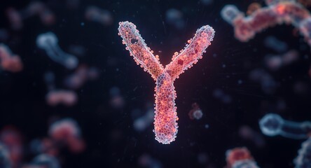 A close-up 3D rendering of an antibody structure floating in a dark background