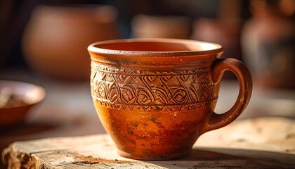 Handmade terracotta cup with visible texture and imperfections, close-up shot, HD macro photography