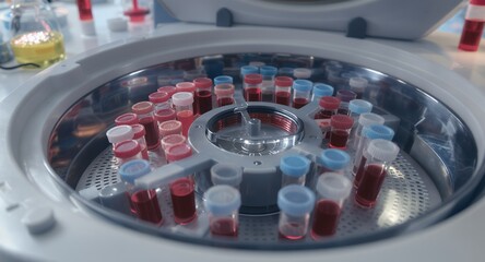 Laboratory Equipment with Test Tubes Containing Red Liquid