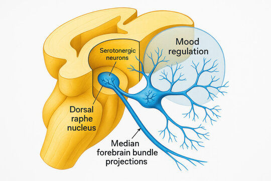 Anatomical illustration of the dorsal raphe nucleus and its serotonergic neurons influencing mood regulation through median forebrain bundle projections.