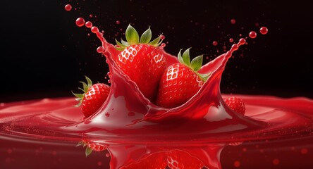 Fresh Strawberries Splashing Into Liquid with Drops