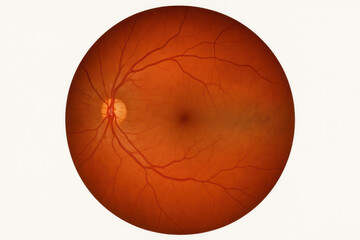 Close-up view of the human retina, showing optic nerve, blood vessels and macula.