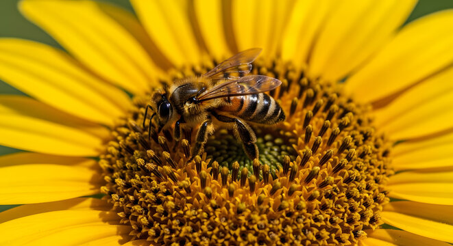 Close-up macro shot of a honeybee collecting nectar from the center of a vibrant yellow sunflower in bloom.