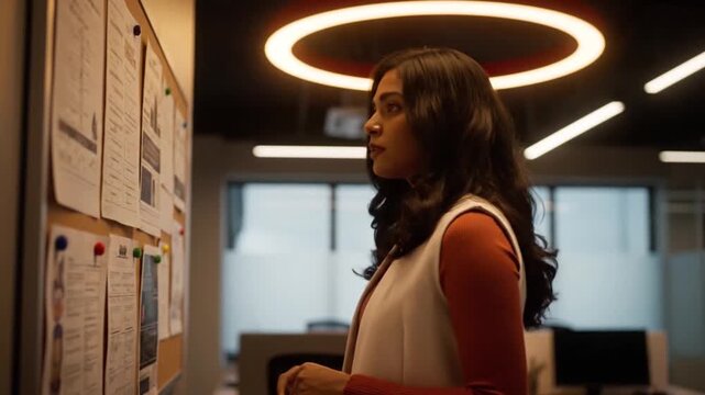 Focused woman pointing at documents on a corkboard in a modern office with circular ceiling light