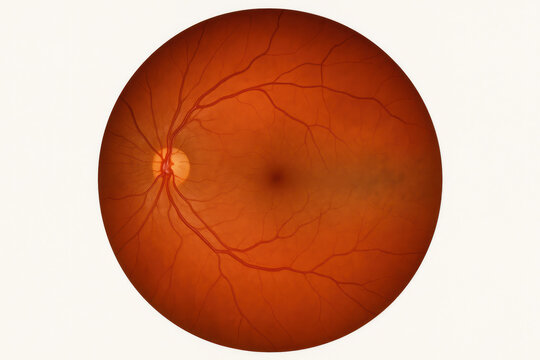 Close-up view of the human retina, showing optic nerve, blood vessels and macula.