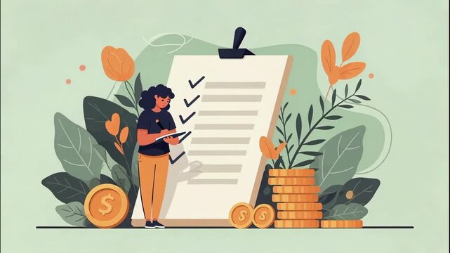 Woman checks off tasks on a list with money and plants in a flat design animation style