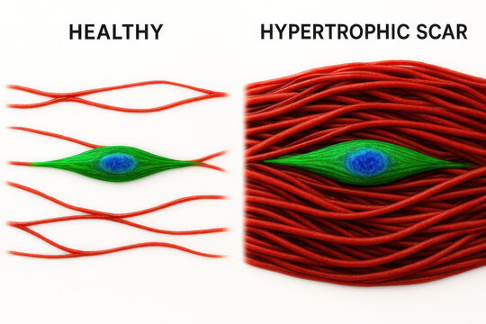 Illustration of healthy tissue versus hypertrophic scar formation, medical concept.