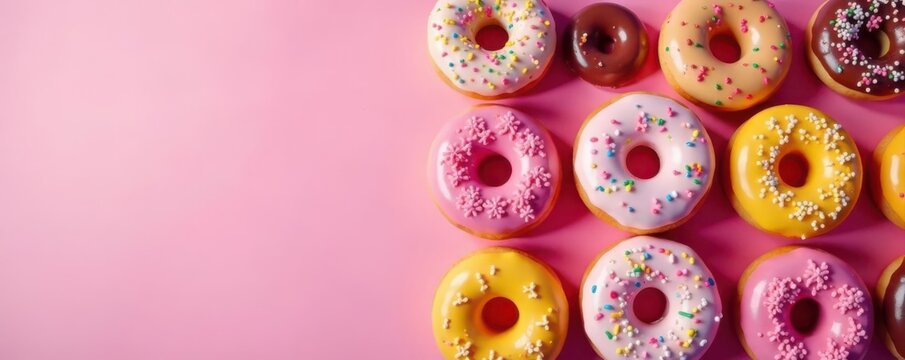 A dozen vibrant donuts, glazed and sprinkled, arranged on a soft pink surface , top view, pink, delicious food
