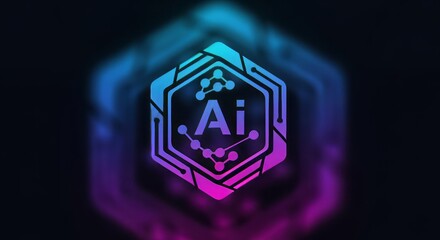 Futuristic AI hexagon logo glowing with vibrant neon colors symbolizing innovation and advanced technology