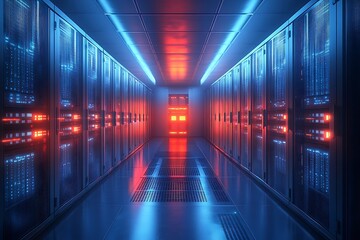 Futuristic server room glowing with vibrant blue and red led lights creating a modern digital network ambiance