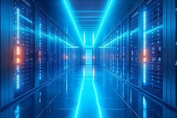 Futuristic ultra-modern server room with glowing blue led lighting and reflective floor