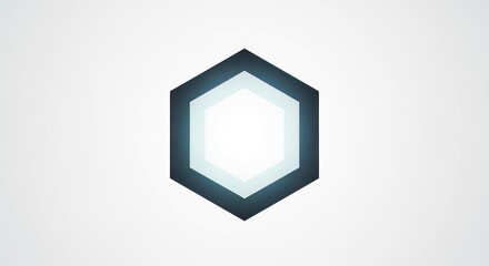 Modern abstract geometric hexagon shape with glowing light and dark blue gradient on white background for technology concepts