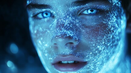 Futuristic close-up portrait young man male guy with glowing blue digital network face, eyes illuminated, artificial intelligence, biometrics, cyber identity, technology, data, virtual innovation.