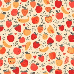 A vibrant pattern featuring an array of fruits like strawberries, apples, and bananas, interspersed with delicate leafy vines and tiny hearts.