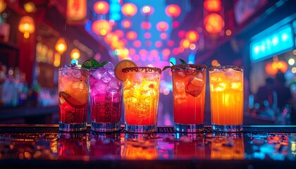 Colorful cocktails on a bar, illuminated by festive lanterns in a vibrant Asian setting. Focus on beverages