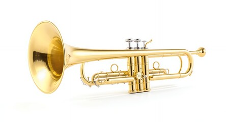 Obraz premium A shiny golden trumpet instrument isolated on a white background, perfect for musical and performance concepts.