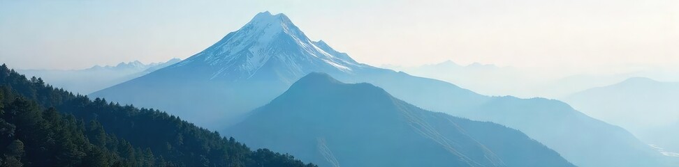 A solitary, majestic mountain peak shrouded in mist, untouched by human presence, reflecting the serene beauty of untouched nature , grand, awe-inspiring