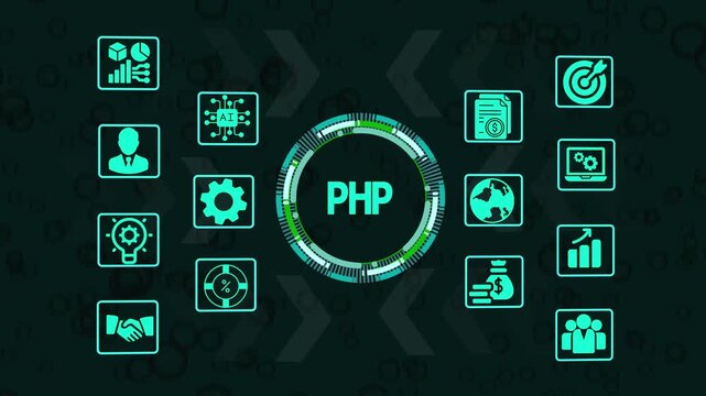 PHP Concept with Glowing Icons and Arrows on Blurred Digital Background Representing Web Development, Programming, Coding and Technology Solutions.