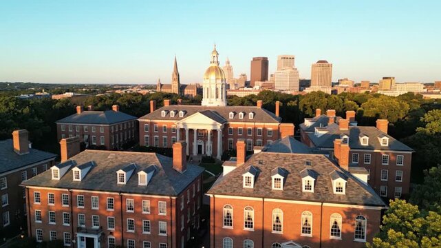 Golden hour aerial view of historic brick university campus buildings with city skyline and dome in the background