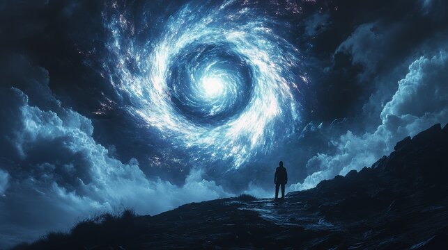 Silhouette of man standing on mountain looking at huge glowing spiral vortex in dramatic night sky, cosmic mystery, imagination, fantasy, exploration, dreams, futuristic vision and surreal atmosphere.