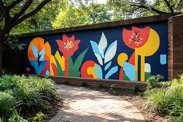 Vibrant floral mural adorns a brick wall in a lush green community park setting