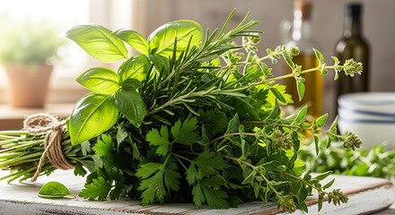 Fresh Herbs - Basil, Rosemary, Parsley, and Thyme Bunch.