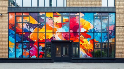 Vibrant urban wall mural transforms building facade with bold abstract colors and shapes