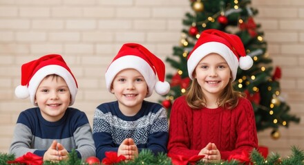 Three children in Santa hats sitting in front of a Christmas tree with ornaments and lights.