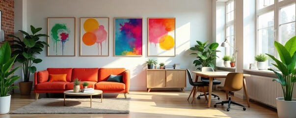 A vibrant, modern office space decorated with colorful artwork, plants, and stylish furniture, creating a cheerful and productive work environment , black, space, creative