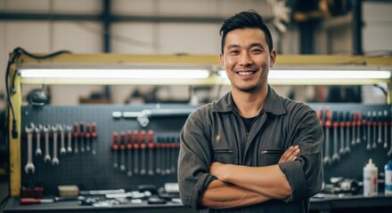 A smiling man in a workshop, with tools and equipment in the background.