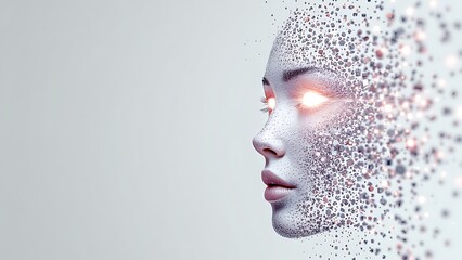 Abstract futuristic face dissolving into particles with glowing eye light, symbolizing artificial intelligence and digital transformation
