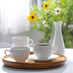 Three coffee cups and a vase of flowers on a wooden tray, set on a white table by a window