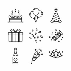 Fototapeta premium Celebration icons: Birthday party elements in minimalist outline style for events and decorations