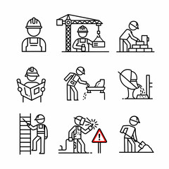 Construction worker icons illustration depicting various job functions and building operations
