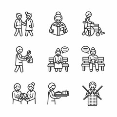A set of minimal line art icons depicting elderly care and senior activities concept illustration