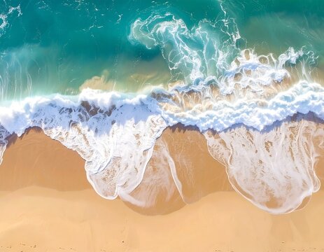 Aerial view of ocean waves crashing on a sandy beach