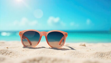 Stylish sunglasses resting on a pristine, sandy beach under a vibrant blue sky, perfect for summer vacation imagery , vacation, cool, paradise