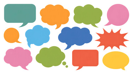 Collection of diverse colorful speech bubbles and thought clouds for communication and ideas isolated on transparent background