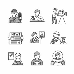 Line art illustration depicting various professions in media and communication fields news press