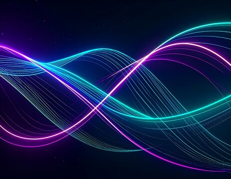 Abstract glowing neon waves intertwine on a dark background, creating a dynamic and vibrant visual