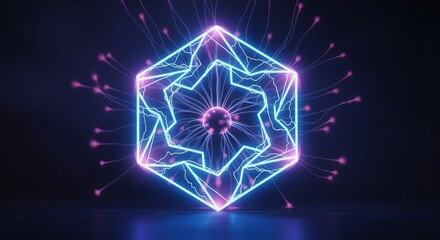 Dynamic glowing geometric energy core with electric arcs and radiating pink light strands, symbolizing power and innovation in a dark futuristic setting.