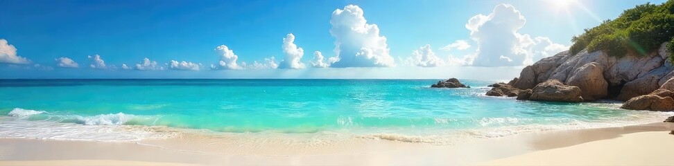 Obraz premium Sun-drenched coastal scene Azure waters meet a sandy shore under a vibrant summer sky Perfect for travel, vacation, or summer themed projects , tropical, idyllic, horizon