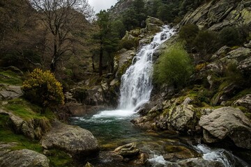 Small cascading waterfalls flowing into clear green pool surrounded by lush vegetation and rocky landscape in serene forest setting.
