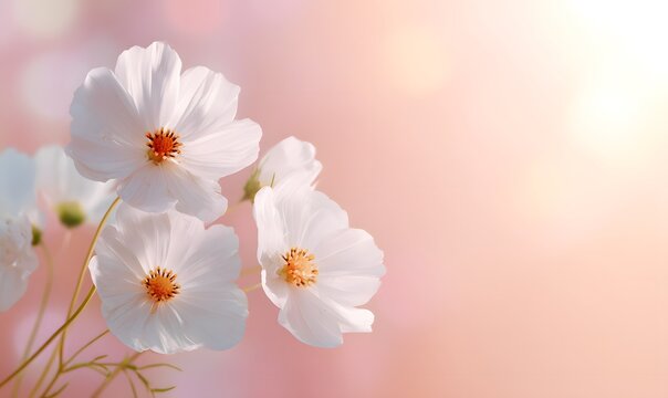 white cosmos flowers softly glowing with radiant halo around each petal, background transitioning from pastel pink to light peach,