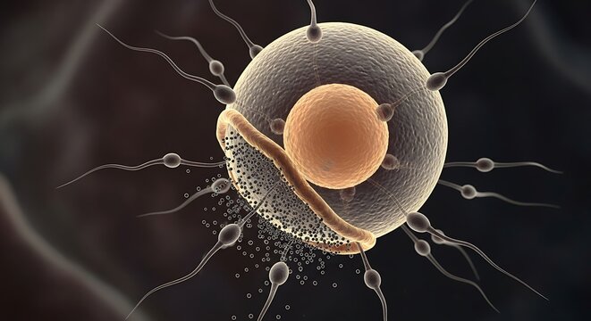 3D illustration of ovum self-defense mechanism after fertilization blocking additional sperm entry to prevent polyspermy in reproductive biology
