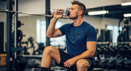 A muscular man in a gym drinking water from a clear plastic bottle.