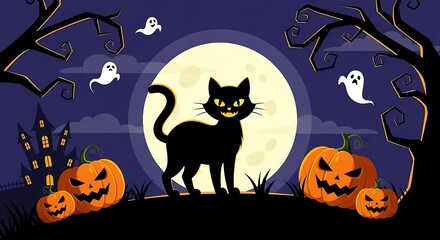 Halloween Black Cat Spooky Night Scene.