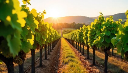 Fototapeta premium Sun-Drenched Vineyard at Harvest Lush Green Vines Heavy with Grapes Stretch Towards Distant Hills, a Picturesque Winery Scene Bathed in Golden Sunlight.