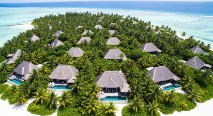 Aerial view of a luxurious resort with overwater villas and palm trees on a tropical island.