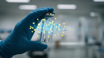 Scientist examines vial with glowing molecular network symbolizing breakthrough research and pharmaceutical innovation in modern laboratory